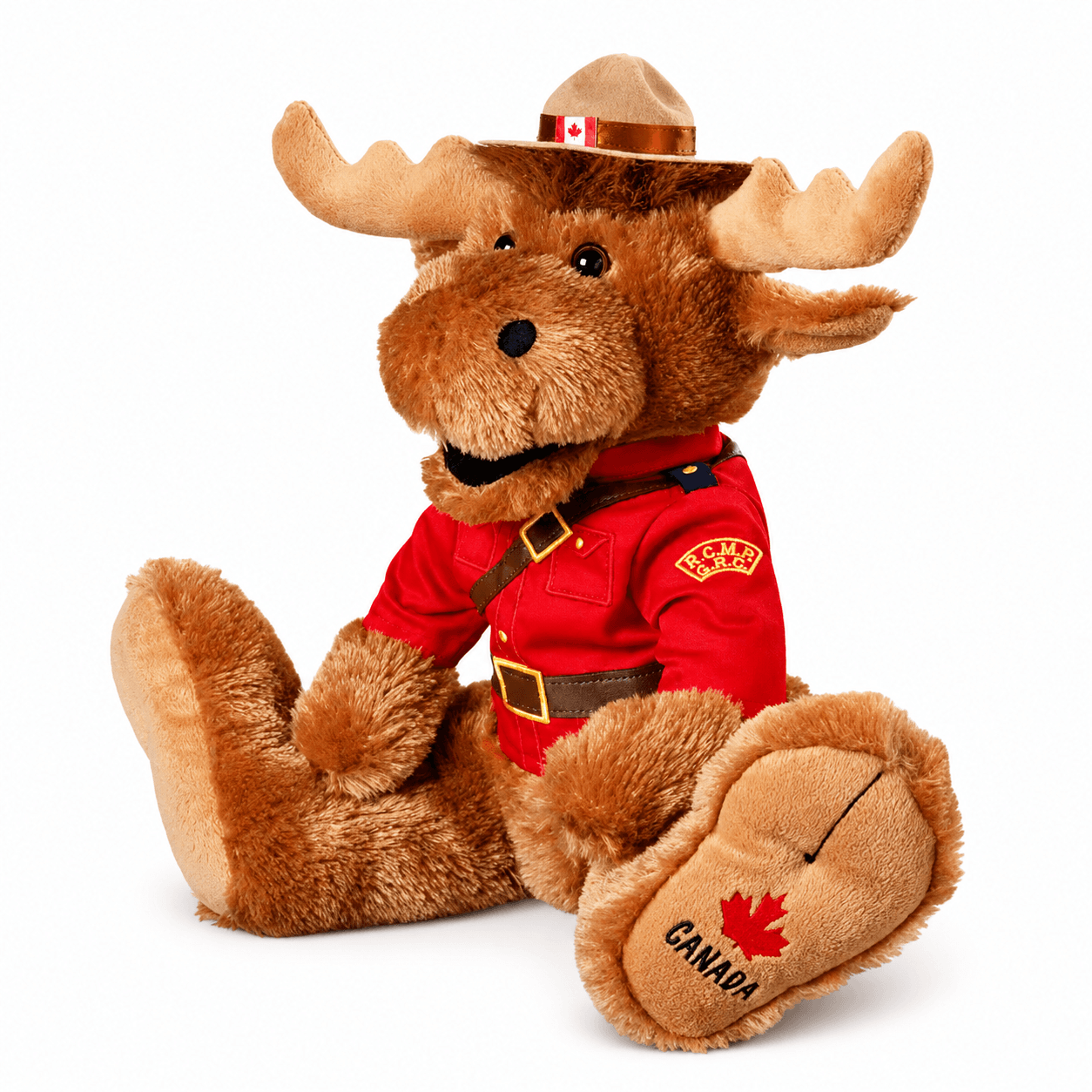 RCMP BigFoot Moose Plush toy dressed in Mountie uniform, perfect for cuddles and adventures.